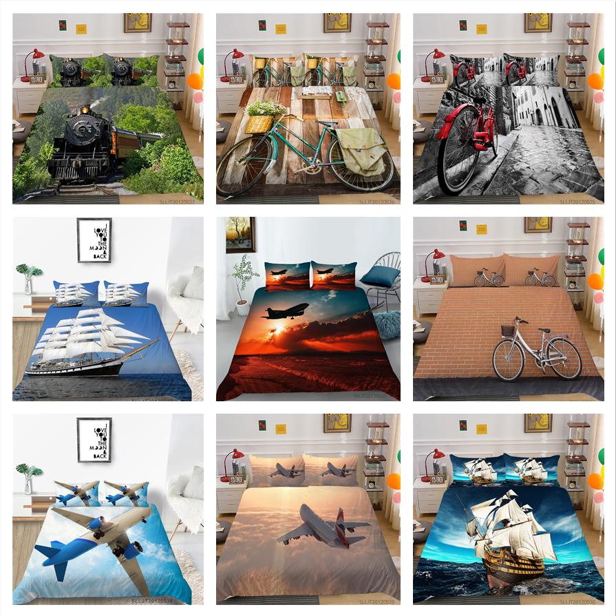 Роскошный 3D-комплект постельного белья с рисунком автомобиля, пододеяльник и наволочка, 2 или 3 предмета с корабельным или велосипедным принтом, полноразмерное удобное моющееся постельное белье