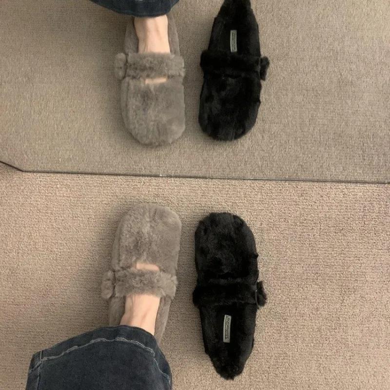 Зимние мягкие и удобные женские туфли на плоской подошве 2024 года, повседневные модные плюшевые туфли Мэри Джейн, модные универсальные туфли с неглубоким горлом