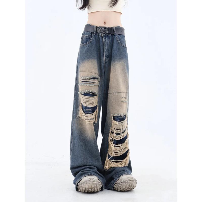 Women's Gothic Black Jeans High Waist Vintage Korean Fashion Y2k Streetwear Ripped Pants Harajuku Casual Wide Leg Denim Trousers