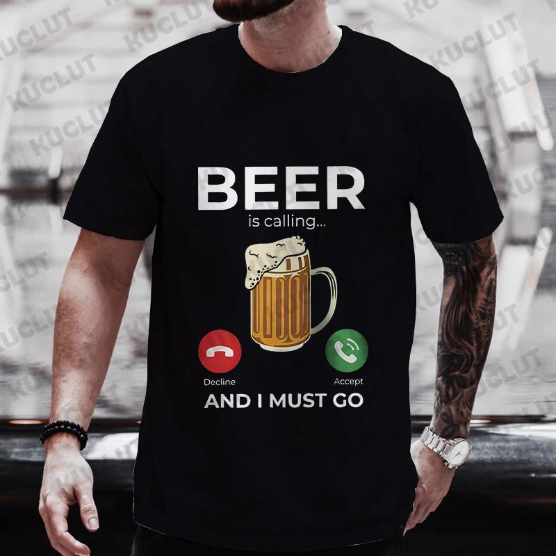 Мужская футболка Beer Is Calling I Must Go Печатные графические футболки свободного покроя Уличная одежда Смешная одежда для мужчин Летние топы с коротким рукавом