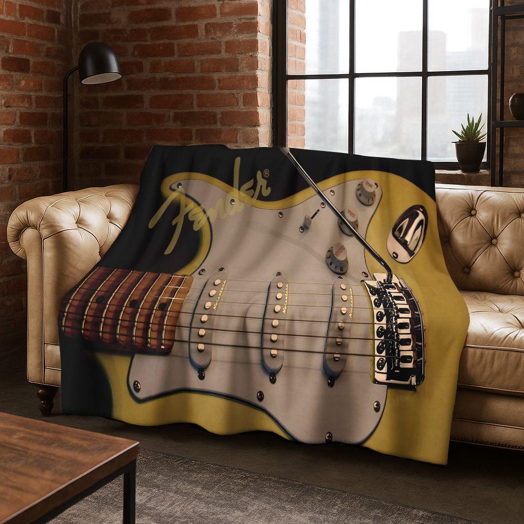 Fashion Fender Logo Guitar Music Instruments Art Flannel Blanket,Cozy Soft Throw Blanket for Home Bedroom Bed Sofa Cover Gift