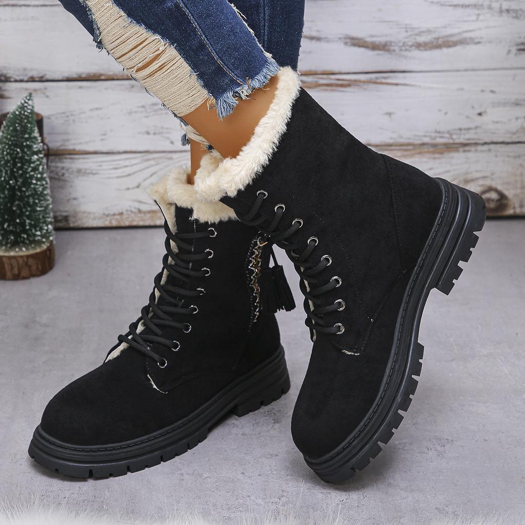 Fashion Anti-slip Fringe Decor Short Plush Women's Snow Boots Lace Up Bohemian Winter Warm Short Fur Boots Bottes Femmes Thick Bottom