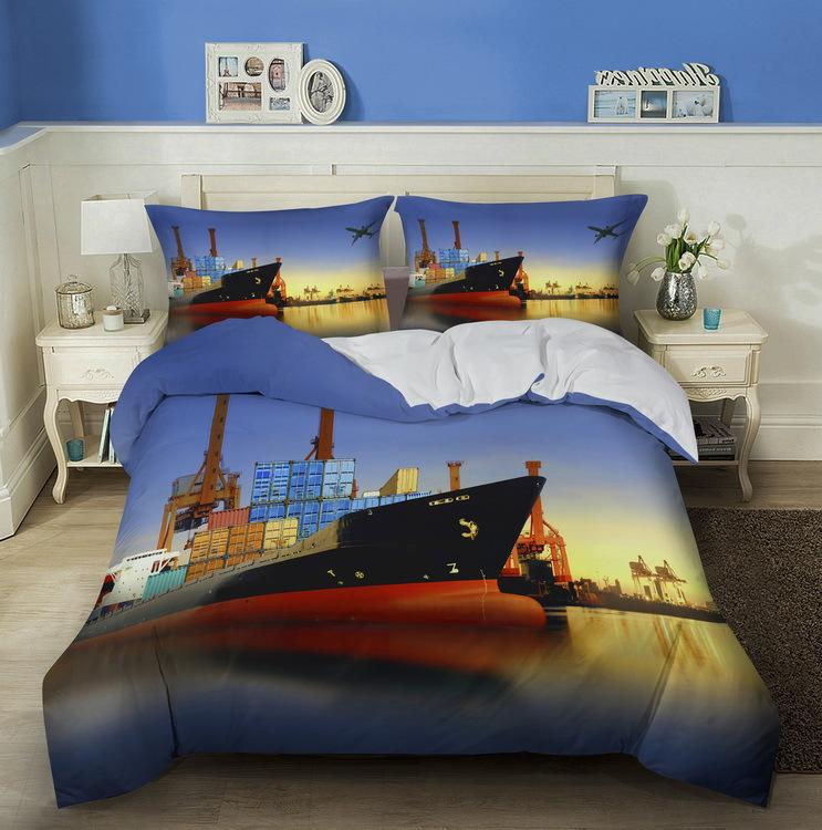 3D Ship Duvet Cover Set King Queen Size Large Freighter Container Print Bedding Set Blue Sea 2/3pcs Polyester Comforter Cover
