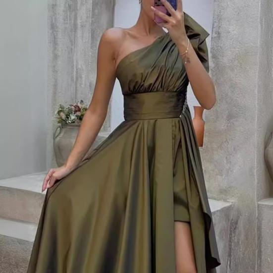 Женское вечернее платье с высоким разрезом на одно плечо без рукавов, плиссированное, с высокой талией, нестандартное, чистого цвета, коктейльное, свадебное, банкетное, макси-платье, бальное платье