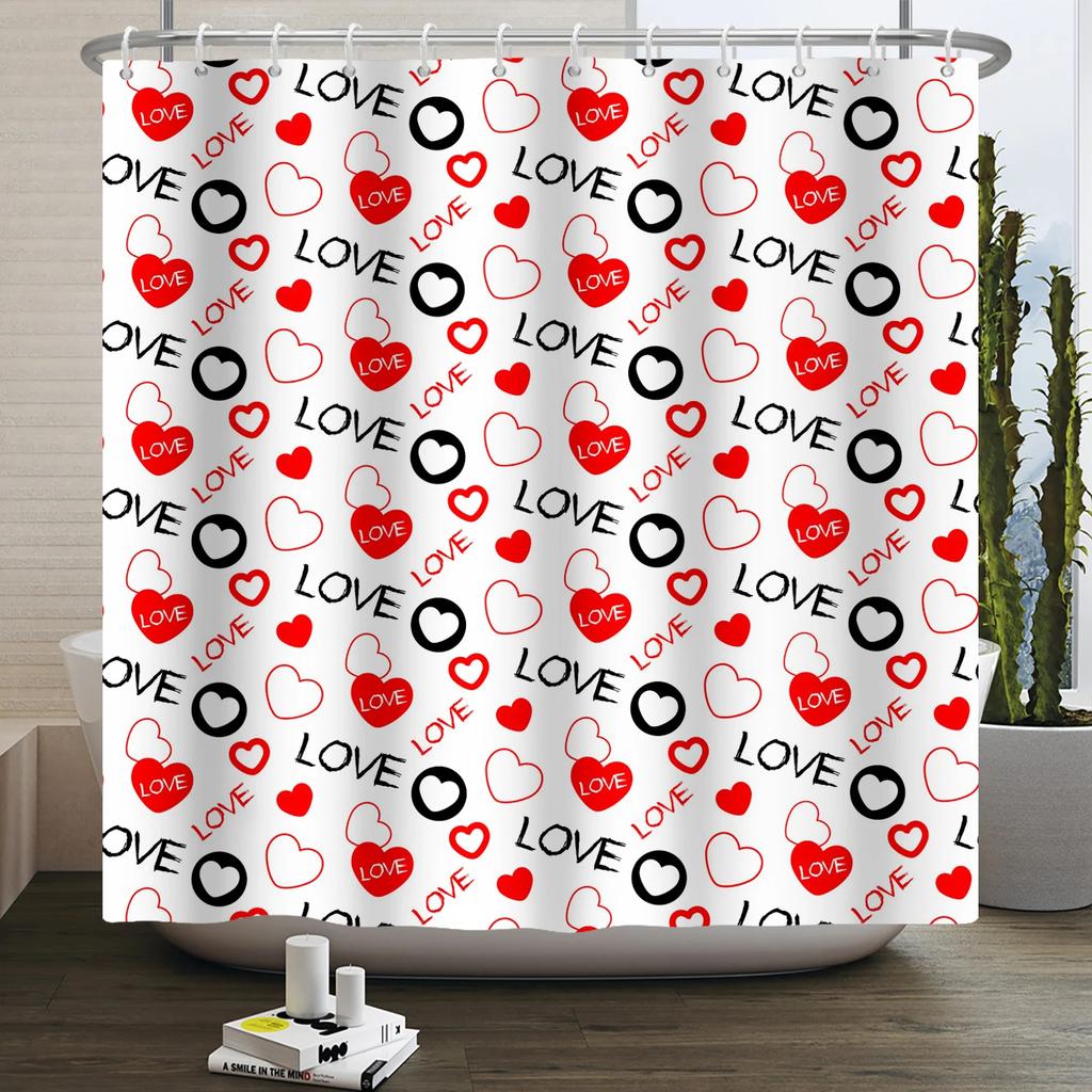 Happy Valentines Day Heart Shower Curtain Red Pink Romantic Falling Love Heart Sweet Lovers Waterproof Bathroom Curtain Decor