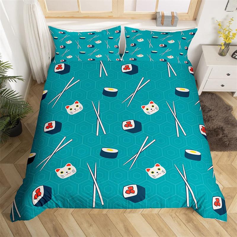 Cartoon Sushi Food Duvet Cover Twin For Kids Teen Microfiber Japanese Cuisine Bedding Set Kawaii Cat Cherry Blossoms Quilt Cover