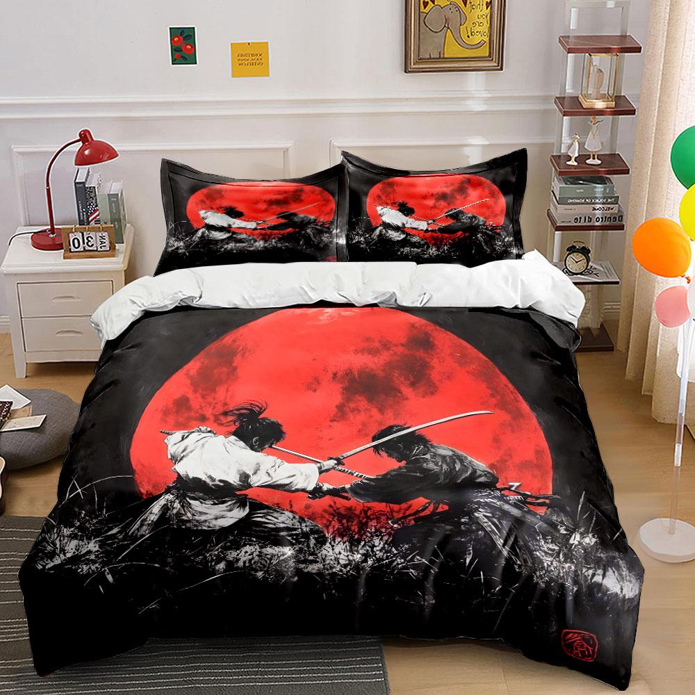 Samurai Duel Under Red Moon Bedding Duvet Cover Set (1*Duvet Cover 2*Pillowcases, without duvet insert)