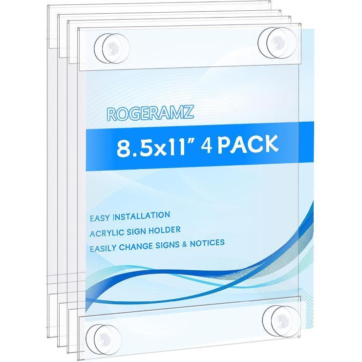 8.5 x 11 Acrylic Sign Holder with 12 Suction Cups, Clear Plastic Window Sign Holder, Wall Mount Advertising Frames for Glass Doors - Perfect for