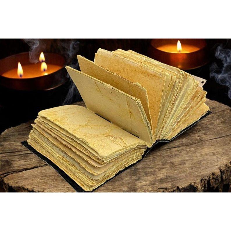 Luna Moth Grimoire – Handmade Spell Book with Lock | Personalized Wiccan Leather Journal with Deckle Pages | Witchy Gift