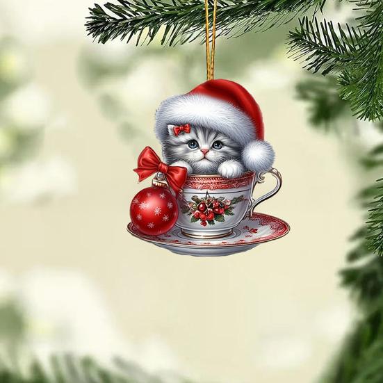 Acrylic Teacup Cat Hanging Ornaments Cute Cartoon Cat Christmas Ornament 2D Flat Car Mirror