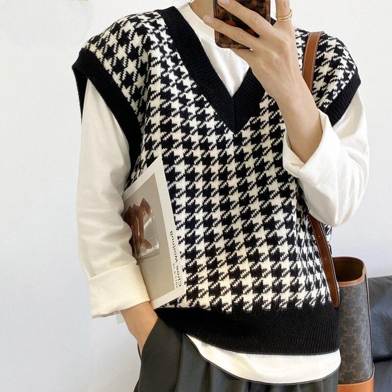 Свободный вязаный жилет с узором «гусиные лапки» для девочек, свитер, женский толстый винтажный свитер без рукавов, жилет, женский жилет, шикарные топы 17502