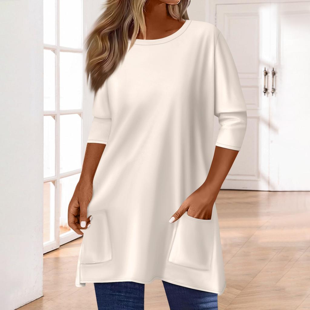 3/4 Sleeve Pocket Tops For Women T-Shirt Casual Print Mid-length Tops T Shirt Round Neck Pullover Blouse