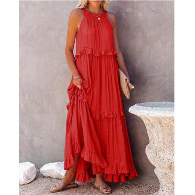 Fashion Elegant Sleeveless Ruffled Maxi Long Dress New O Neck Loose Casual Simple Summer A-line Beach Dresses Female Pleated Solid Color Clothing