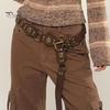 Cowboy Western Style Belt Denim Skirt Faux Leather Waistband Adjustable Length Multi Holes Design Brown Wide Belt