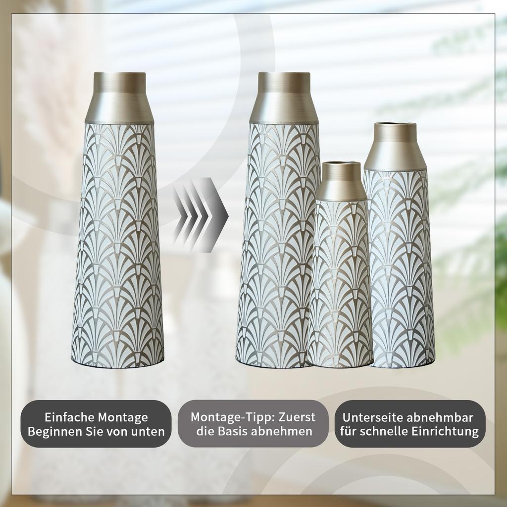 Metal floor vases 3-piece set, semi-handmade vases with fan pattern, white-silver vases for living room, hallway, entrance area, 43.5/51/61 cm height
