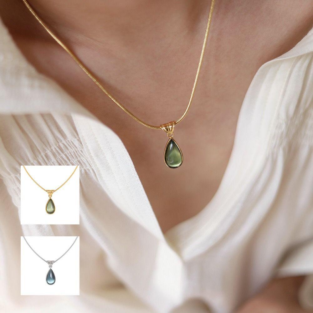 Olive-green Water Drop Neck Chain Colorfast Snake Bone Chain Necklace Drop Pendant Necklace Unisex