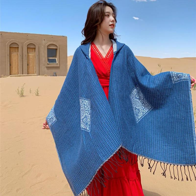 21 Style Big Pendulum Cloak With Hat Arabic Poncho Women Leopard Pocket Shawl Cape Knitted Middle East Split Thick Warm Blanket
