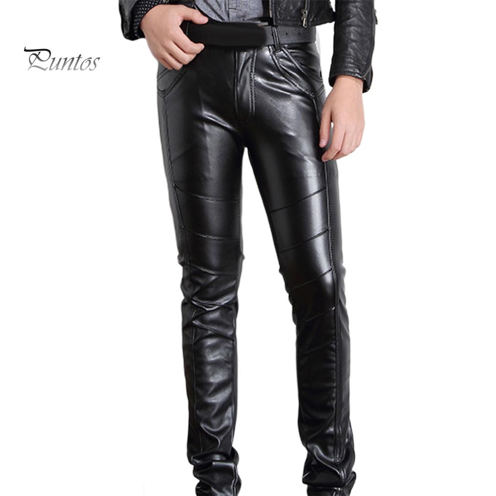 Men Solid Color Faux Leather Multi Pockets Skinny Pants Stage Club Long Trousers