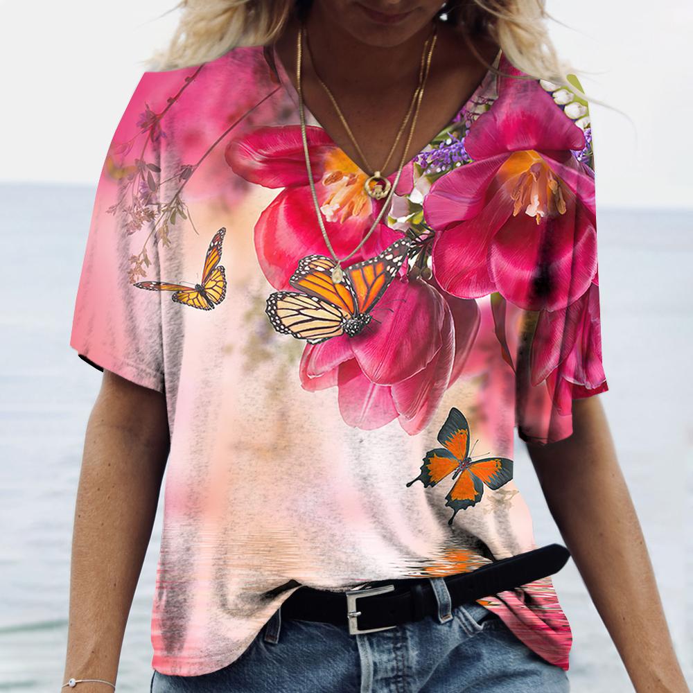 Женские футболки с v-образным вырезом, модные футболки с цветочным рисунком, летние короткие женские топы с принтом, повседневные футболки в стиле Харадзюку 5XL