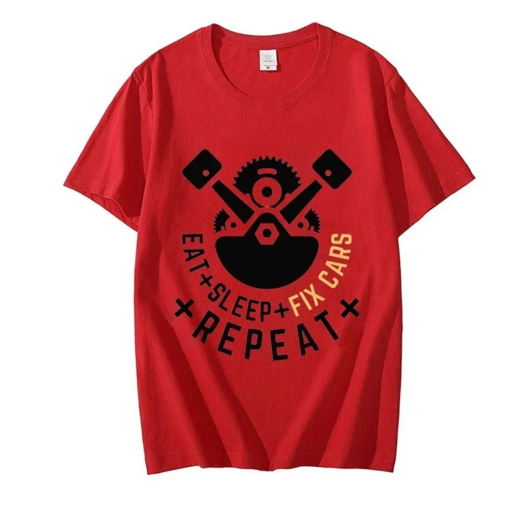Новая модная мужская футболка Eat Sleep Fix Cars Repeat Engine Смешные мужские футболки большого размера Топы Черная брендовая футболка Летняя модная рубашка