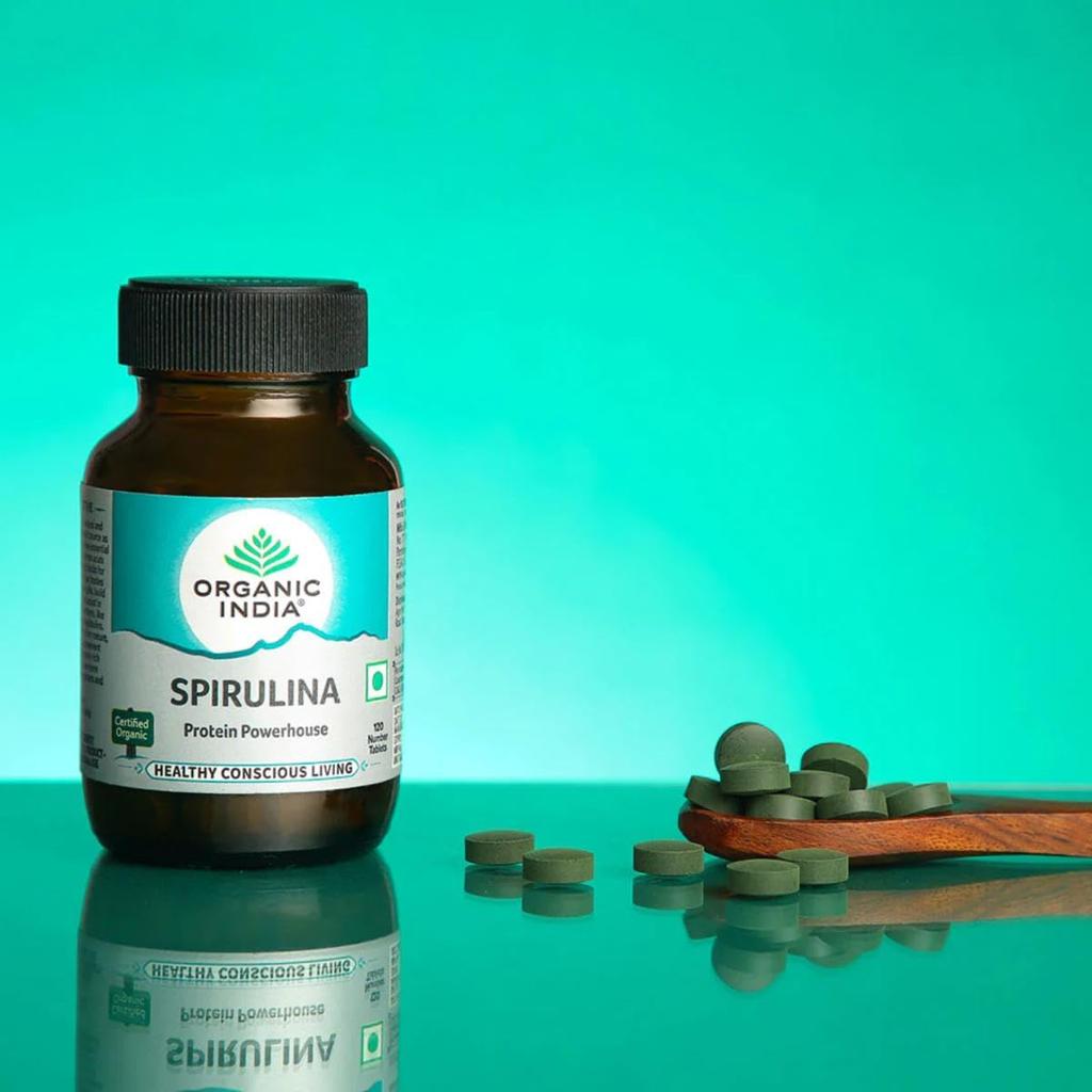 ORGANIC INDIA Спирулина 120 таблеток Растительный белок Суперфуд Улучшение выносливости Волосы Кожа Ногти Ежедневное питание