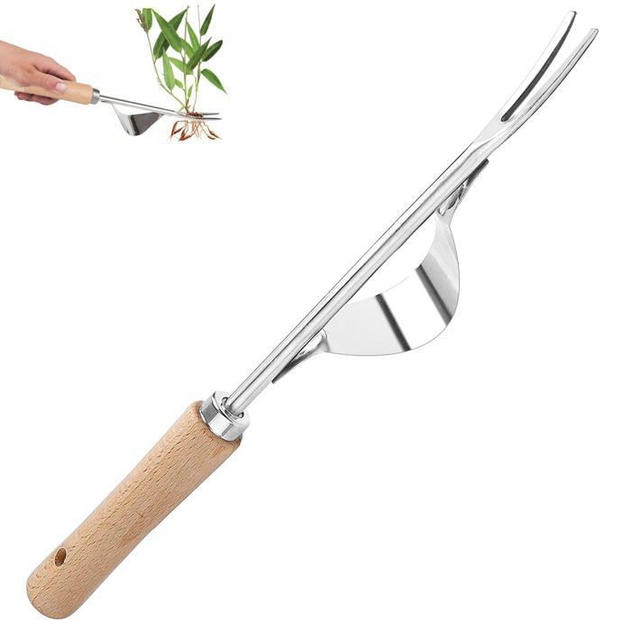 Désherbeur manuel en acier inoxydable à dents en V, poignée bois – arrache-pissenlits et mauvaises herbes