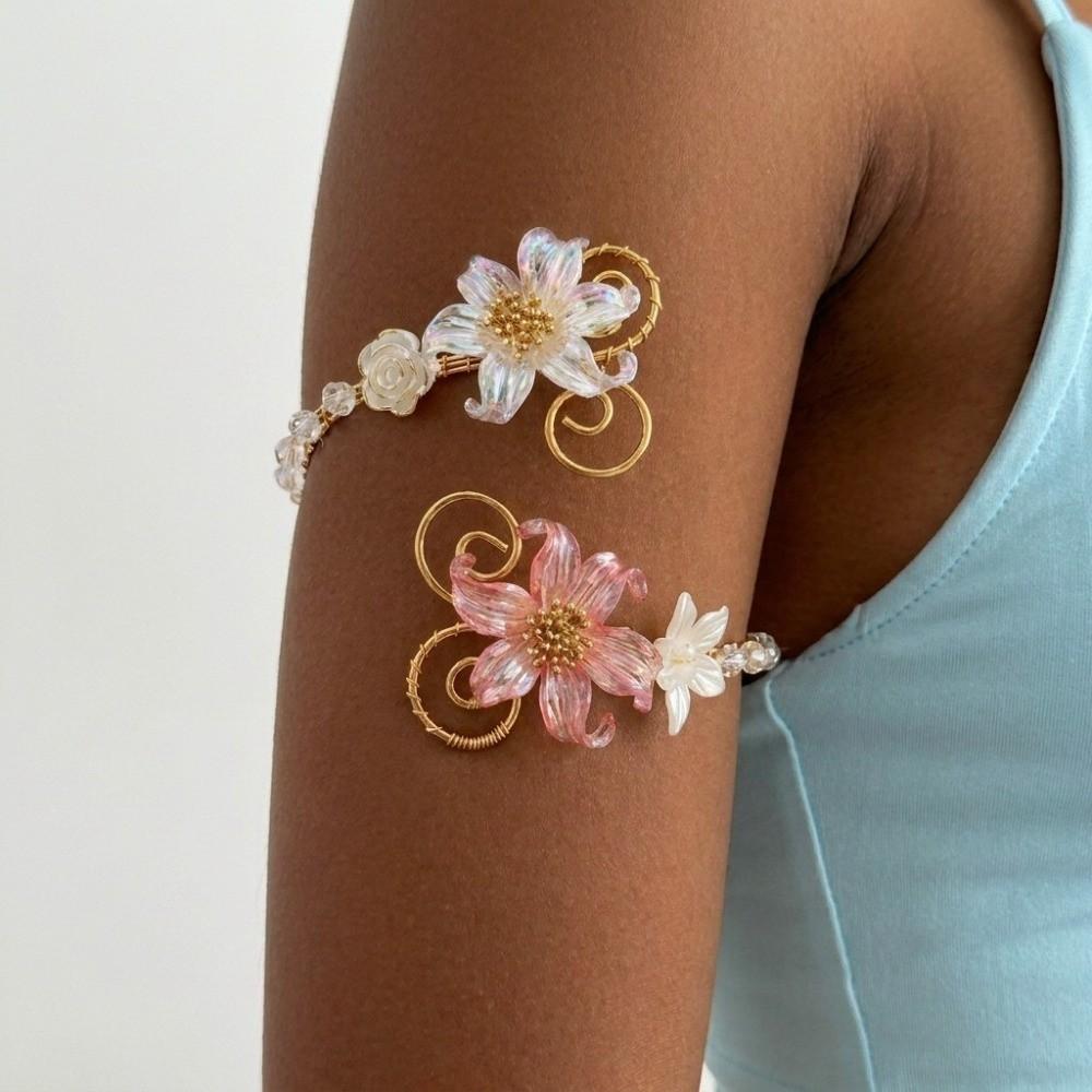 Gold Color Metal Floral Arm Bracelet Enamel Glaze Craft Exotic Style Arm Ring Vacation Style