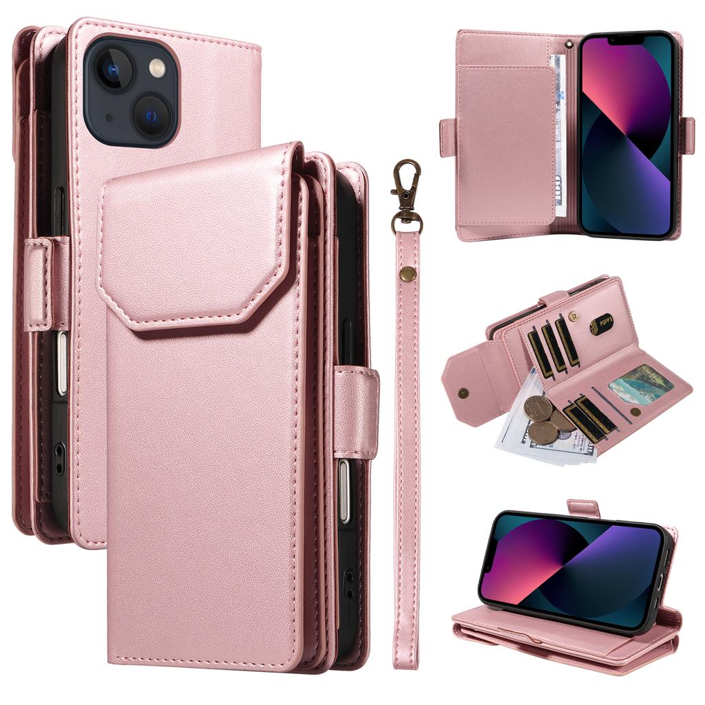 For iPhone 14 Plus Case with Multi-Card Holder and Strap PU Leather Phone Cover Stand