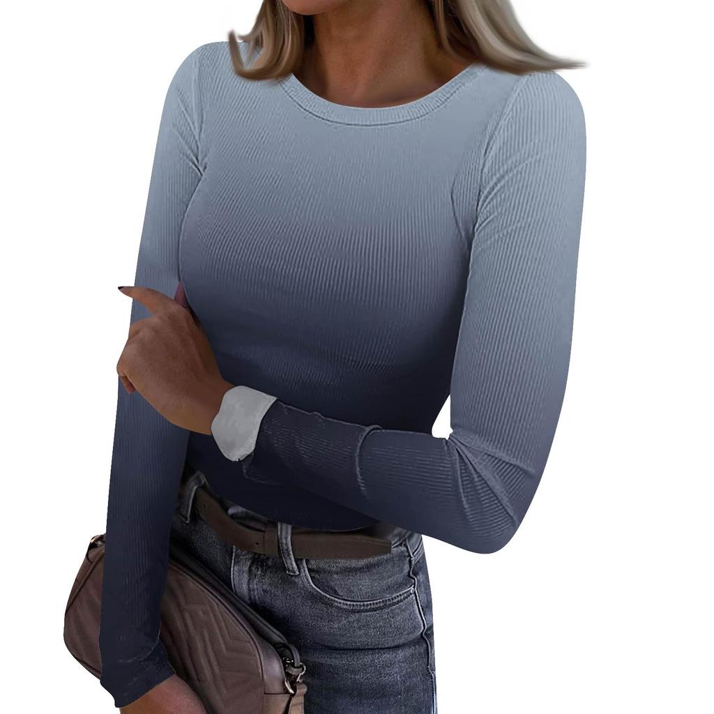 Women's  And Winter Slim Bottom T-shirt Fashion Casual Gradient Printing Round Neck Pullover Long Sleeve Top