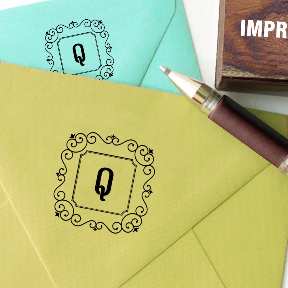Printtoo Monogram Letter Square Swirl Border Q Odd Mounted Rubber Stamp Office