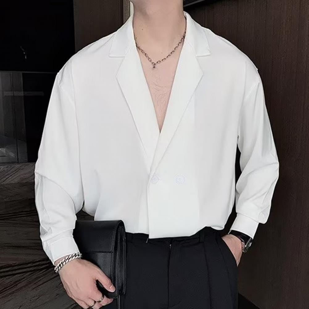 Spring Men Shirt Turn-down Collar Ice Silk V Neck Loose Double Buttons Solid Color Baggy Loose Soft Breathable Long Sleeves Male