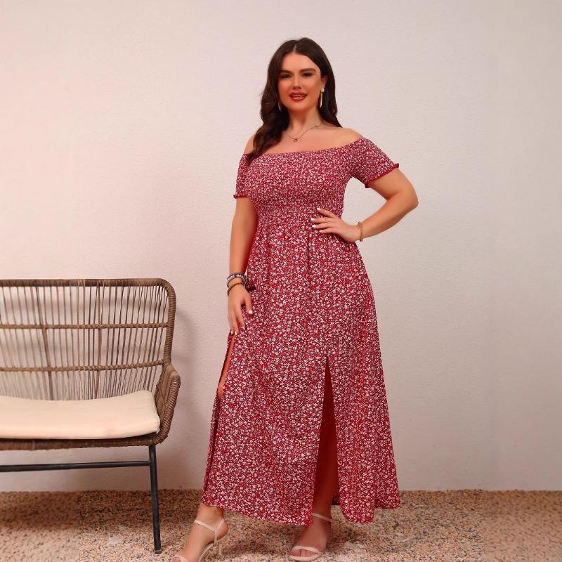 Женское повседневное платье с открытыми плечами и разрезом в одну линию с бохо-принтом, длинное платье с мелким цветочным принтом