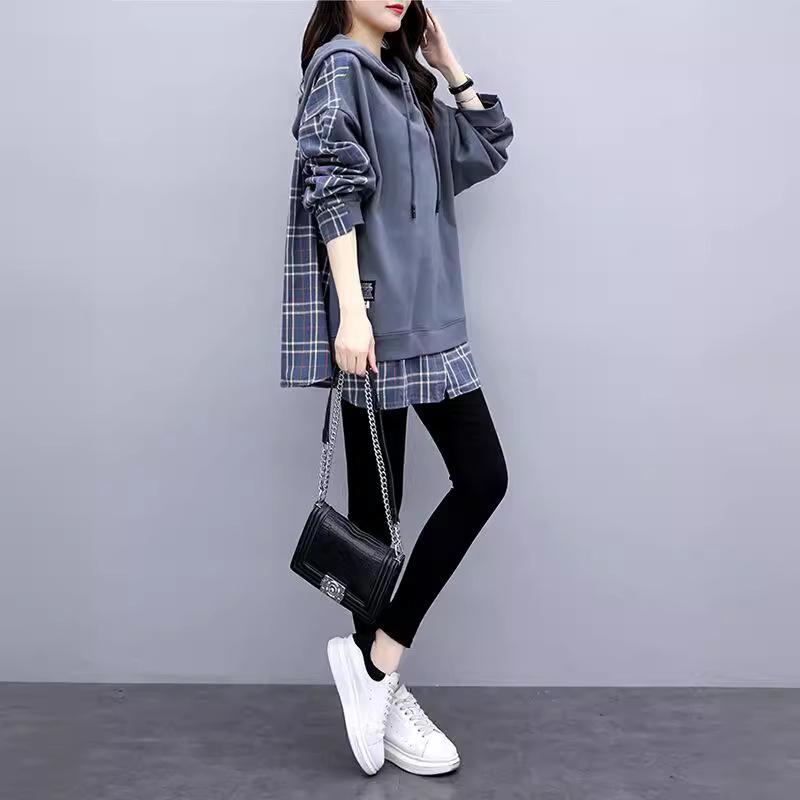 Spring Autumn Women's Cotton Hooded Sweatshirt for Women Loose Fit  Fake Two-piece Hoodie