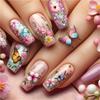 24 шт. Длинные Балетки Накладные Ногти Розовые Цветы Искусственный Ноготь Наклейка-Бабочка Глянцевый Пресс-Он Ноготь для Женщины