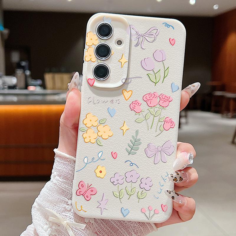 Тонкий чехол для телефона с мультяшным цветочным принтом и бантом для Samsung S25 S24 FE S23 Ultra A36 A56 A16 A55 A26 A35, кожаная текстура, мягкий противоударный матовый чехол из ТПУ