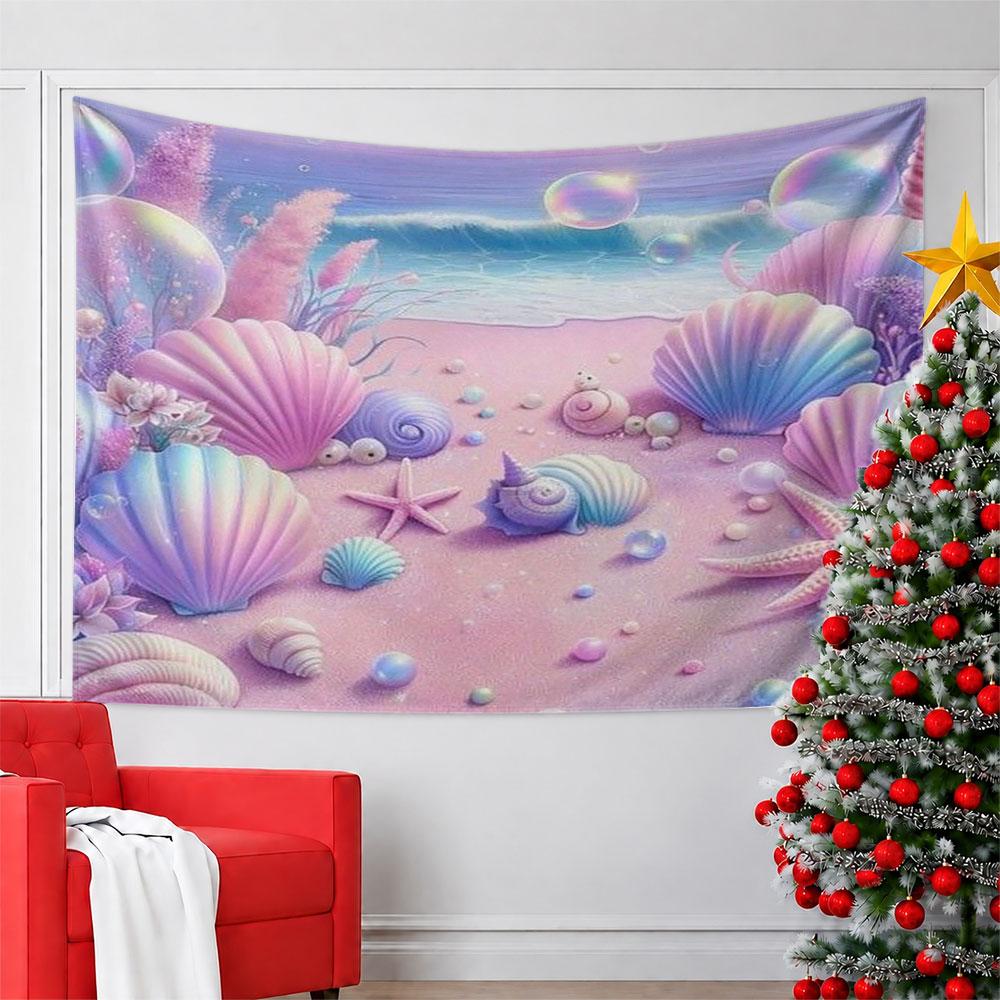 Pastel Seashell Beach with Starfish Scene Pattern Wall Hanging Tapestry Decorative Tapestry Home Decor for Bedroom and Living Room