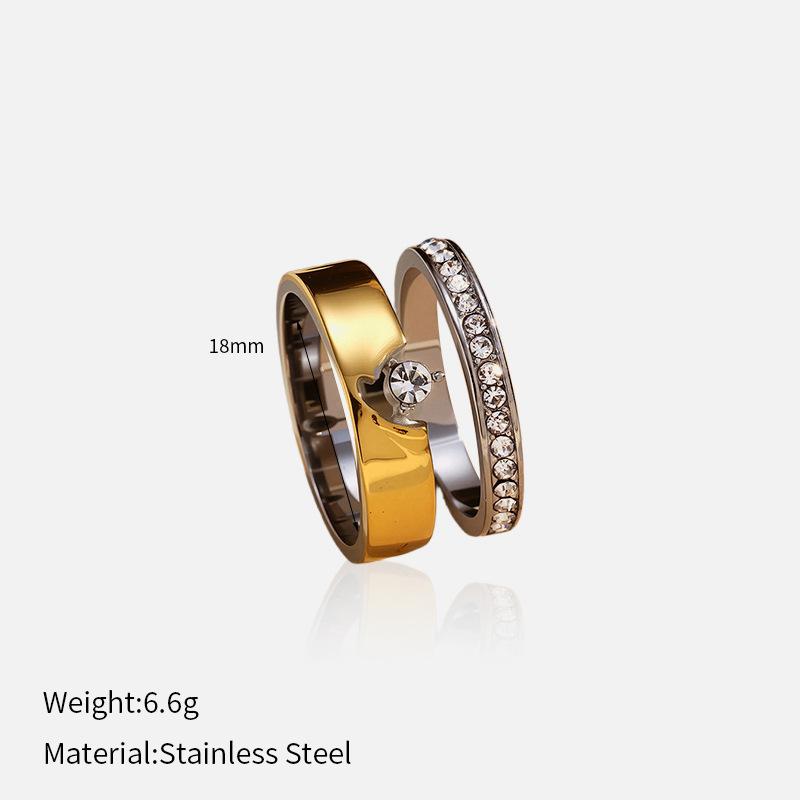 European and American fashion simple and retro, stainless steel ring double-layer fish bone pattern inlaid with zircon, gold and silver two-color