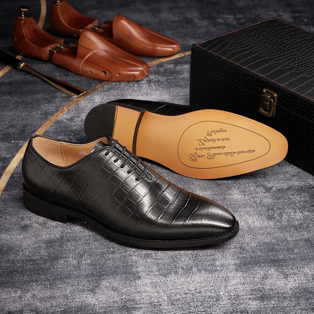 Мужские формальные свадебные туфли на шнуровке с острым носком Оксфорды из натуральной кожи с принтом крокодила для вечеринок и деловых мероприятий