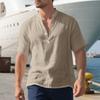 Летняя европейская и американская мужская повседневная свободная рубашка, повседневная рубашка на пуговицах с воротником-стойкой, льняная, с короткими рукавами