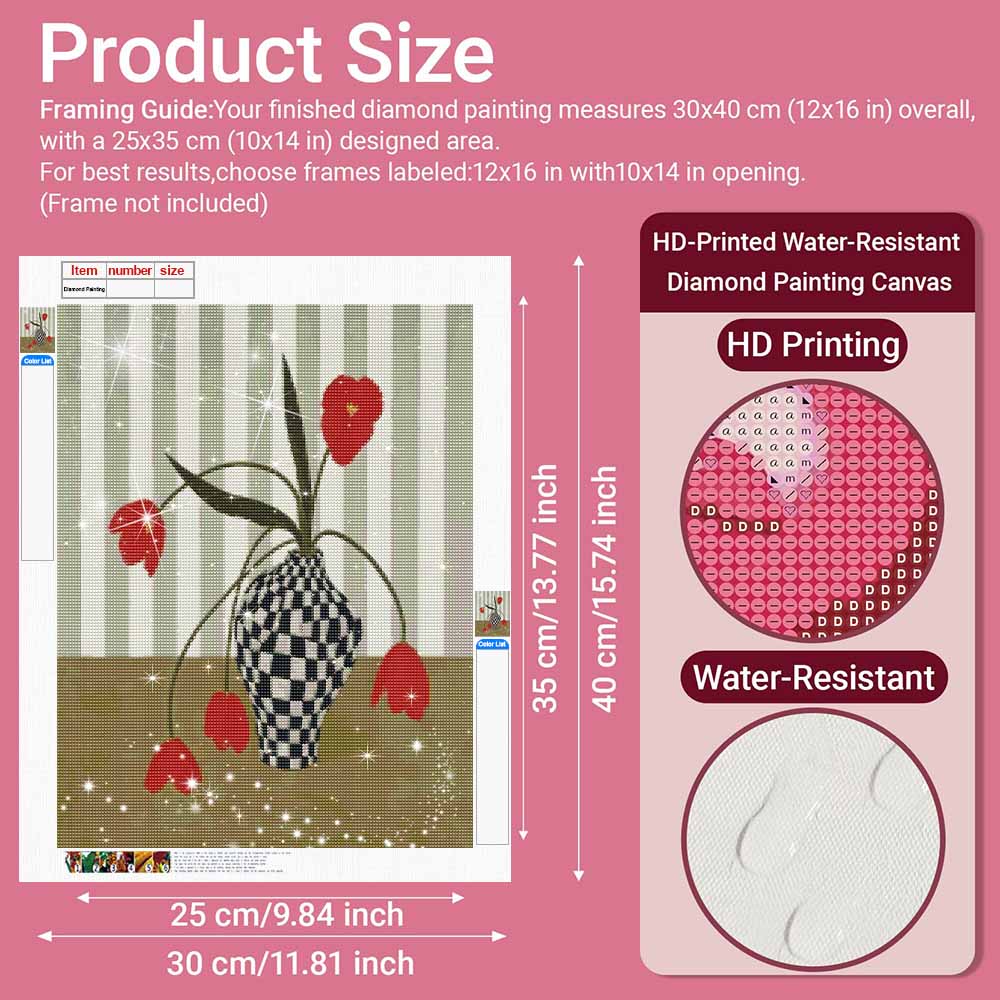 5D Diamond Painting Kit. Red Tulip Flower in Vase Diamond Mosaic Craft. Handmade Home Decoration for Living Room and Bedroom