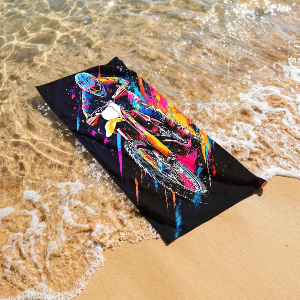 Doodle-style off-road motorcycle rider polyester microfiber beach towel is highly absorbent, suitable swimming and beach outings