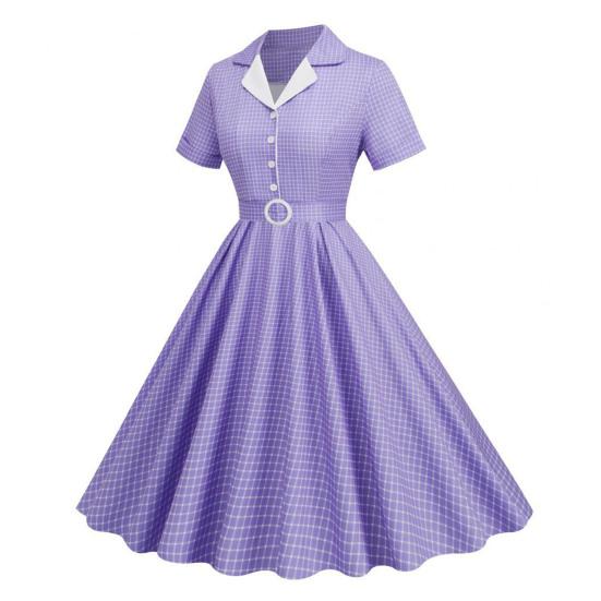 Женское вечернее платье в стиле ретро, ​​однобортное трапециевидное платье с большим отложным воротником, V-образным вырезом и клетчатым принтом, с высоким поясом и узкой талией, женское платье миди для выпускного вечера