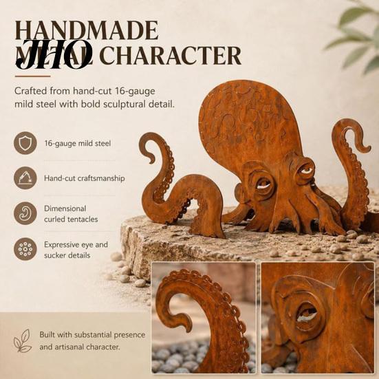 Beach House Decor Rust Patina Giant Squid Garden Sculpture, 3D Metal Nautical Octopus Outdoor Weather-resistant Art Statue for Patio Lawn Decor,
