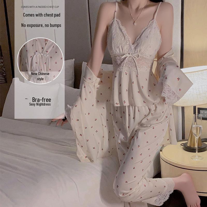 Guiruo Deep V Satin Lace Pajama Set with Chest Pad & Outer Robe