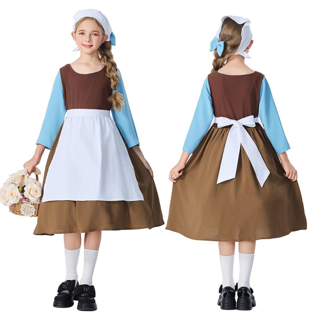 Kids Girls Maid Farm Waitress Lolita Dress Apron Sets Halloween Cosplay Costumes School Stage Drama Role Play Outfits