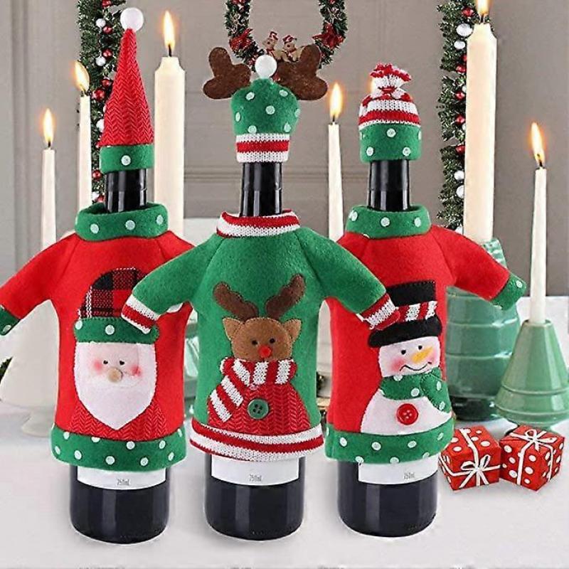 3pcs Ugly Sweater Christmas Wine Bottle Covers, Holiday Wine Bottle Sweater Cover with Hat for Ugly Christmas Sweater Party Decorations