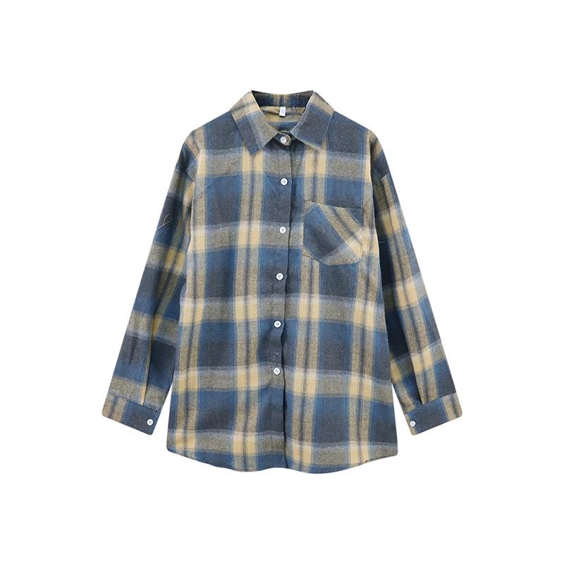 Женская клетчатая рубашка в стиле ретро с начесом - Свободный крой, длинный рукав, верхняя одежда для осени 2024
