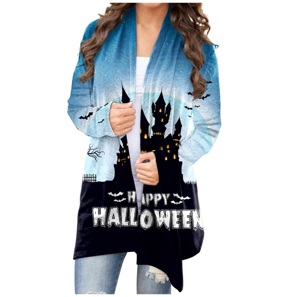 Женский кардиган, свободное повседневное верхнее пальто с карманами и длинными рукавами с принтом Хэллоуина