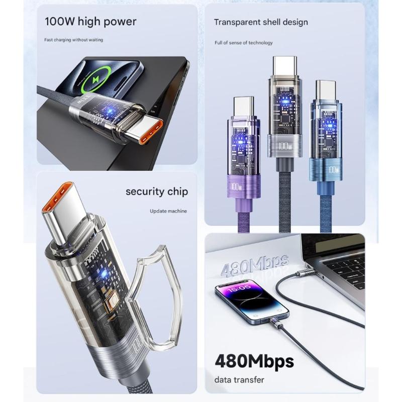 Интеллектуальное автоотключение 100 Вт USB C на USB C Кабель для зарядки Прозрачные виды Алюминиевая ПВХ Конструкция