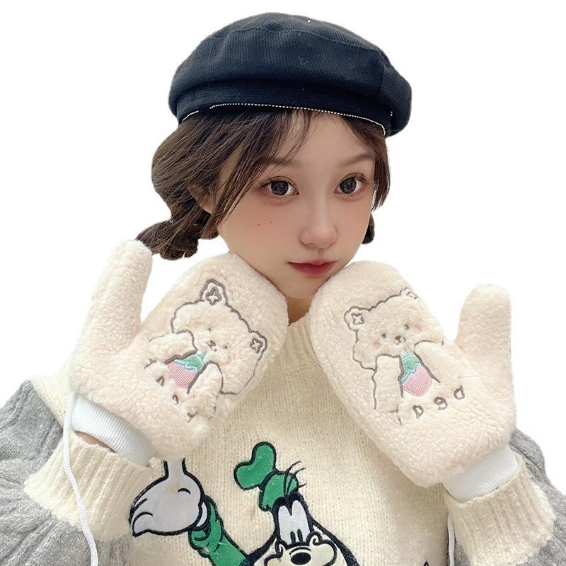 Плюшевые перчатки, зимние женские утолщенные теплые ветрозащитные варежки с пальцами, студенческие с подвеской на шею, горячо продаваемые ветрозащитные клубнички